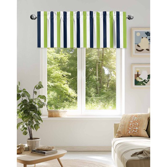 Curtain Valance for Windows,Navy Blue Grass Green Striped Kitchen Valances Rod Pocket Short Curtains,Classic Contrasting Lines Window Treatment Panel for Bedroom Bathroom 42x18in
