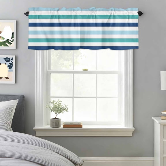 Curtain Valance for Windows, Navy Blue Teal Gradient Kitchen Valances Rod Pocket Short Curtains, White Stripe Line Window Valance for Bedroom Bathroom Living room 42x18in