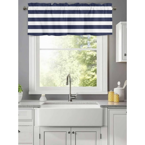 Curtain Valance for Windows,Navy Blue and White Stripe Kitchen Valances Rod Pocket Short Curtains,Modern Stripes Pattern Window Treatment Panel for Bedroom Bathroom 42x12in