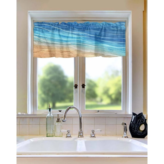 Curtain Valance for Windows Ocean Beach Waves Blue Brown Gradient Kitchen Valances Rod Pocket Short Curtains,Summer Nautical Window Treatment Panel for Living Room Bathroom Bedroom 42x12in