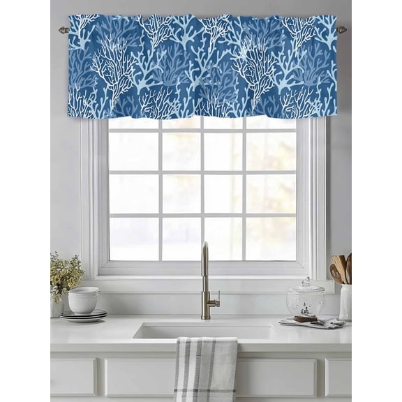 Curtain Valance for Windows,Ocean Blue Coral Seamless Kitchen Valances Rod Pocket Short Curtains,Sea Coastal Nautical Theme Window Treatment Panel for Bedroom Bathroom 42"x12"