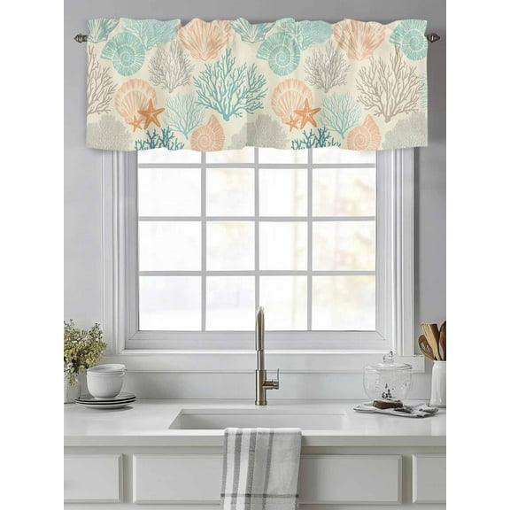 Curtain Valance for Windows,Ocean Coral Shell Conch Starfish Kitchen Valances Rod Pocket Short Curtains,Retro Underwater World Window Treatment Panel for Bedroom Bathroom 42"x12"