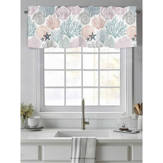 Curtain Valance for Windows,Ocean Coral Starfish Shell on White Kitchen Valances Rod Pocket Short Curtains,Colorful Underwater World Window Treatment Panel for Bedroom Bathroom 42"x12"