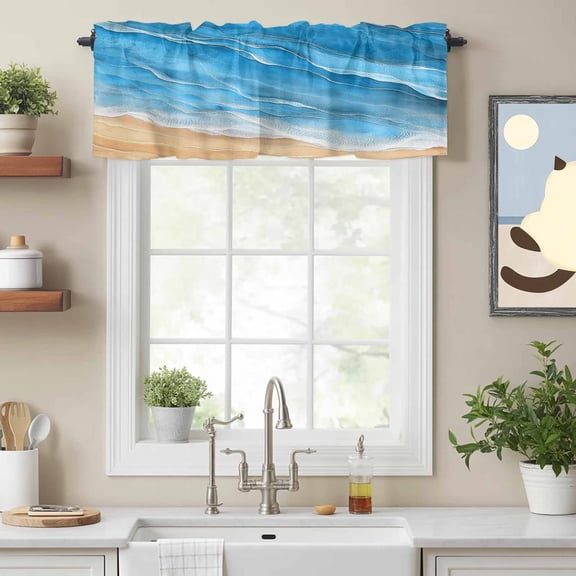 Curtain Valance for Windows, Ocean Gradient Blue Waves Kitchen Valances Rod Pocket Short Curtains, Summer Coastal Beach Window Valance for Bedroom Bathroom Living room 54x18in
