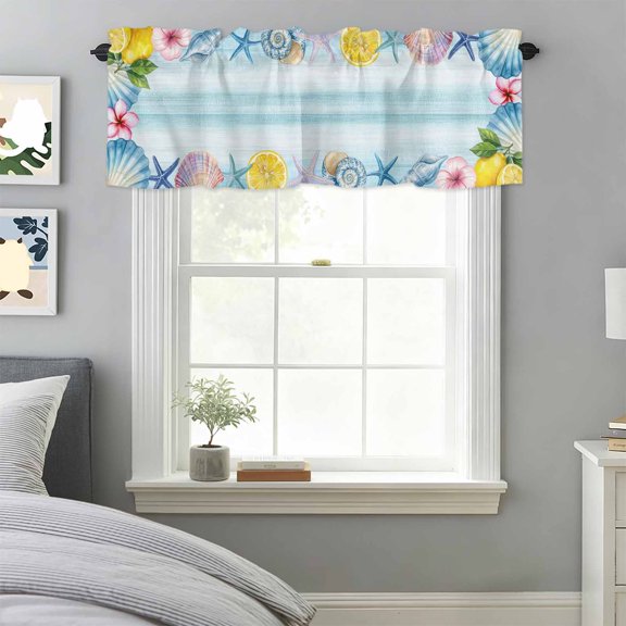 Curtain Valance for Windows, Ocean Life Starfish Shell Flower Lemon Kitchen Valances Rod Pocket Short Curtains, Watercolor Marine Conch Window Valance for Bedroom Bathroom Living room 42x18in