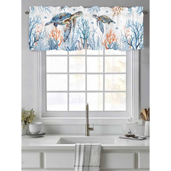 Curtain Valance for Windows,Ocean Sea Turtle Blue Coral Kitchen Valances Rod Pocket Short Curtains,Starfish Jellyfish Fish Window Treatment Panel for Bedroom Bathroom 42"x12"