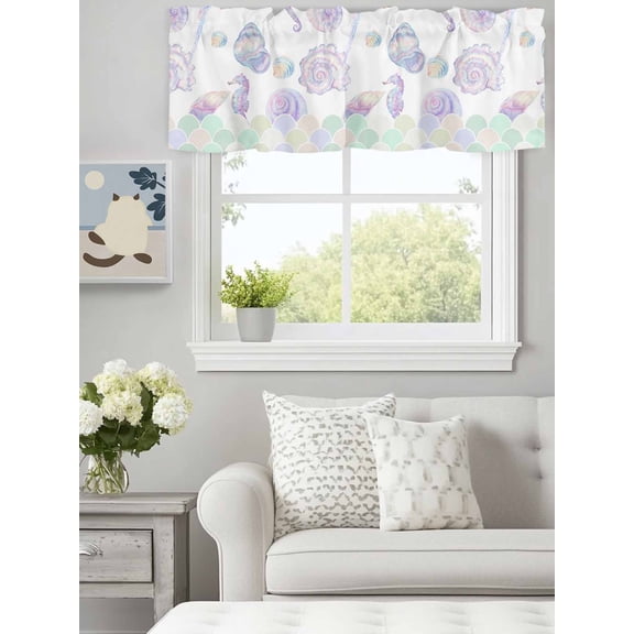 Curtain Valance for Windows,Ocean Seahorse Conch Shell Kitchen Valances Rod Pocket Short Curtains,Underwater World Mermaid Scale Gradient Window Treatment Panel for Bedroom Bathroom 60"x18"