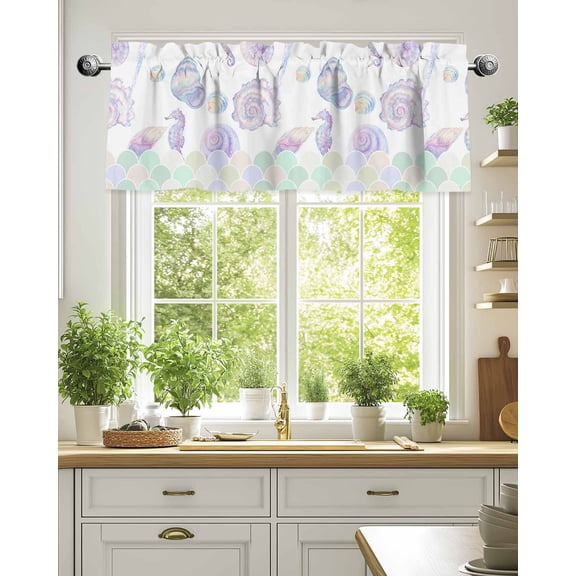 Curtain Valance for Windows,Ocean Seahorse Conch Shell Kitchen Valances Rod Pocket Short Curtains,Underwater World Mermaid Scale Gradient Window Treatment Panel for Bedroom Bathroom 54"x18"