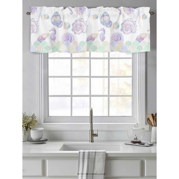 Curtain Valance for Windows,Ocean Seahorse Conch Shell Kitchen Valances Rod Pocket Short Curtains,Underwater World Mermaid Scale Gradient Window Treatment Panel for Bedroom Bathroom 42"x12"