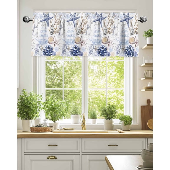 Curtain Valance for Windows,Ocean Starfish Blue Coral Kitchen Valances Rod Pocket Short Curtains,Nautical Anchor Vintage Boat Window Treatment Panel for Bedroom Bathroom 42"x18"