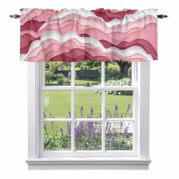 Curtain Valance for Windows, Ocean Wave Lines Pink White Kitchen Valances Rod Pocket Short Curtains, Gradient Abstract Artwork Window Valance for Bedroom Bathroom Living room 42x12in