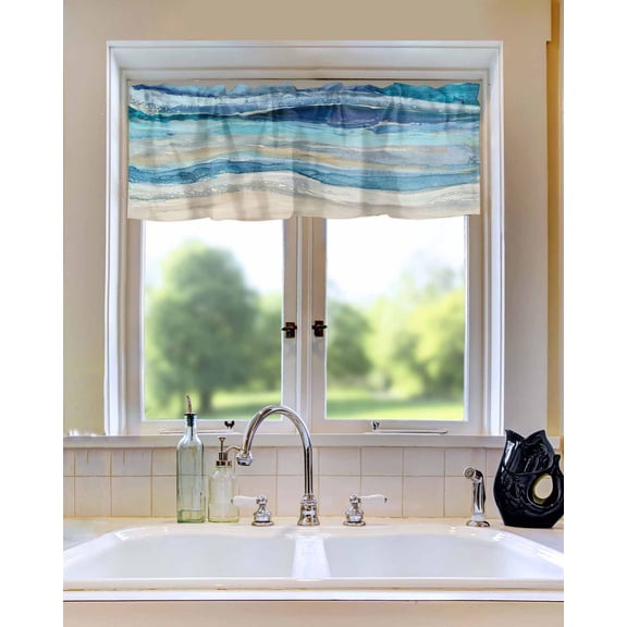 Curtain Valance for Windows Ocean Waves Blue Gradient Ombre Striped Kitchen Valances Rod Pocket Short Curtains,Retro Oil Painting Art Window Treatment Panel for Living Room Bathroom Bedroom 42x12in