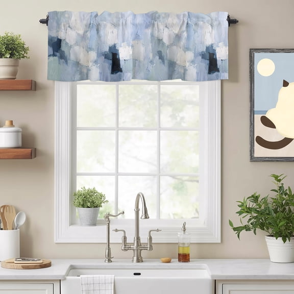 Curtain Valance for Windows, Oil Painting Texture Pattern Kitchen Valances Rod Pocket Short Curtains, Abstract Blue White Tones Window Valance for Bedroom Bathroom Living room 54x18in