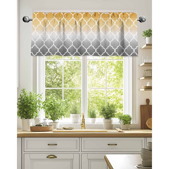 Curtain Valance for Windows,Orange Gradient Moroccan Pattern Kitchen Valances Rod Pocket Short Curtains,Grey Plaid Modern Art Window Treatment Panel for Bedroom Bathroom 42"x18"
