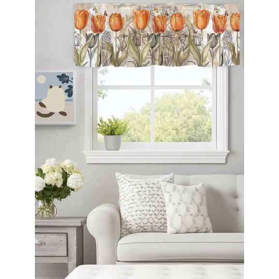 Curtain Valance for Windows,Orange Tulip Flower Plants Kitchen Valances Rod Pocket Short Curtains,Butterfly Vintage Map Window Treatment Panel for Bedroom Bathroom 60"x18"