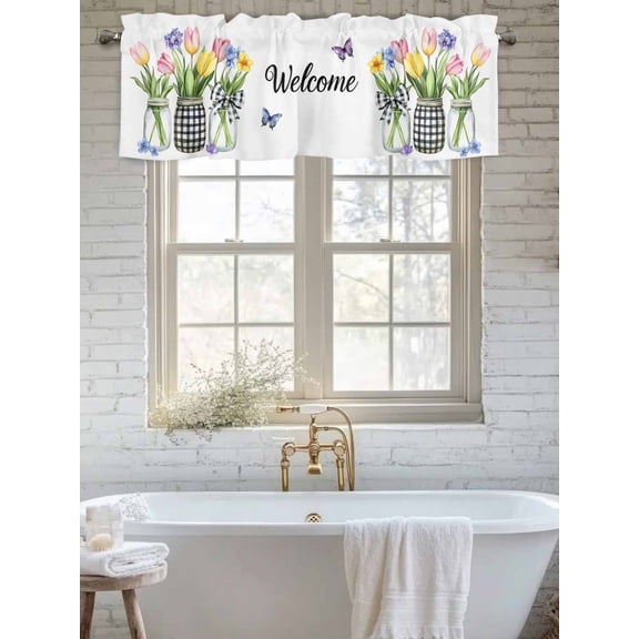 Curtain Valance for Windows, Pastoral Floral Tulip Butterfly Kitchen Valances Rod Pocket Short Curtains, Black White Buffalo Check Window Valance for Bedroom Bathroom Living room 56x16in
