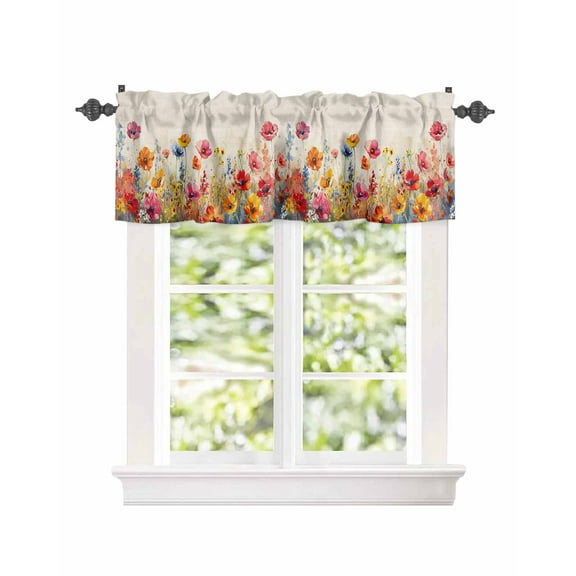 Curtain Valance for Windows Pastoral Watercolor Floral on Burlap Kitchen Valances Rod Pocket Short Curtains,Colorful Flowers Blossom Window Treatment Panel for Living Room Bathroom Bedroom 42x18in