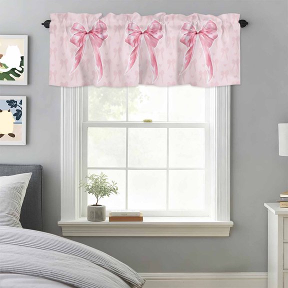 Curtain Valance for Windows, Pink Ribbon Bow Kitchen Valances Rod Pocket Short Curtains, Bowknot Love Heart Back Window Valance for Bedroom Bathroom Living room 42x18in