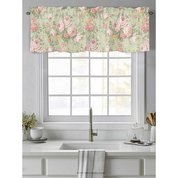 Curtain Valance for Windows,Pink Rose Classic Flower Kitchen Valances Rod Pocket Short Curtains,Leaves Plant Sage Green Window Treatment Panel for Bedroom Bathroom 42"x12"