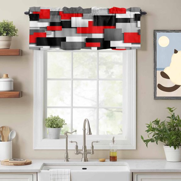 Curtain Valance for Windows, Red Color Block Ombre Geometric Kitchen Valances Rod Pocket Short Curtains, Modern Abstract Art Window Valance for Bedroom Bathroom Living room 54x18in