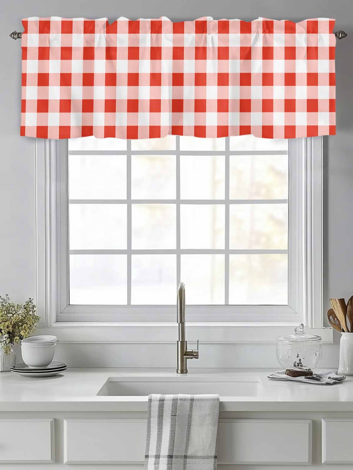 Curtain Valance for Windows,Red Gingham Check Kitchen Valances Rod
