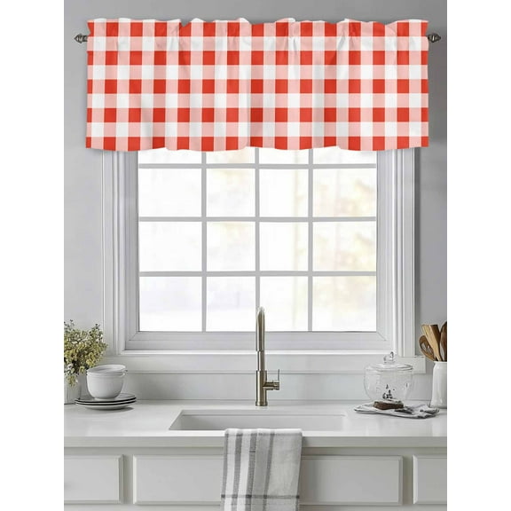 Curtain Valance for Windows,Red Gingham Check Kitchen Valances Rod Pocket Short Curtains,Gradient Buffalo Plaid Window Treatment Panel for Bedroom Bathroom 42"x12"