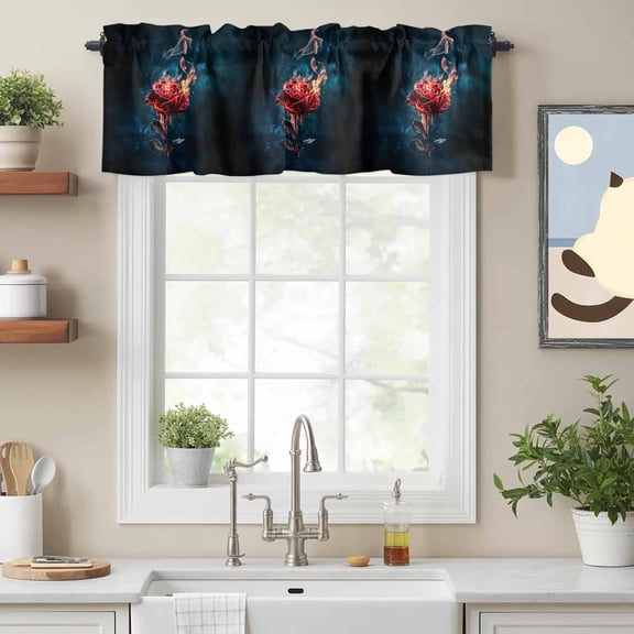 Curtain Valance for Windows, Red Rose Burn Fire on Black Kitchen Valances Rod Pocket Short Curtains, Vintage Flower Art Window Valance for Bedroom Bathroom Living room 54x18in