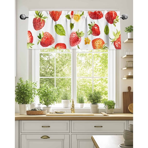 Curtain Valance for Windows,Red Strawberry Green Leaves Seamless Kitchen Valances Rod Pocket Short Curtains,Farm Fruit Harvest Window Treatment Panel for Bedroom Bathroom 42"x18"