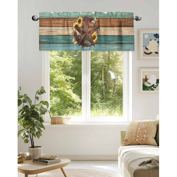Curtain Valance for Windows,Retro Country Star Sunflower Berry Kitchen Valances Rod Pocket Short Curtains,Farmhouse Wood Board Window Treatment Panel for Bedroom Bathroom 42x18in