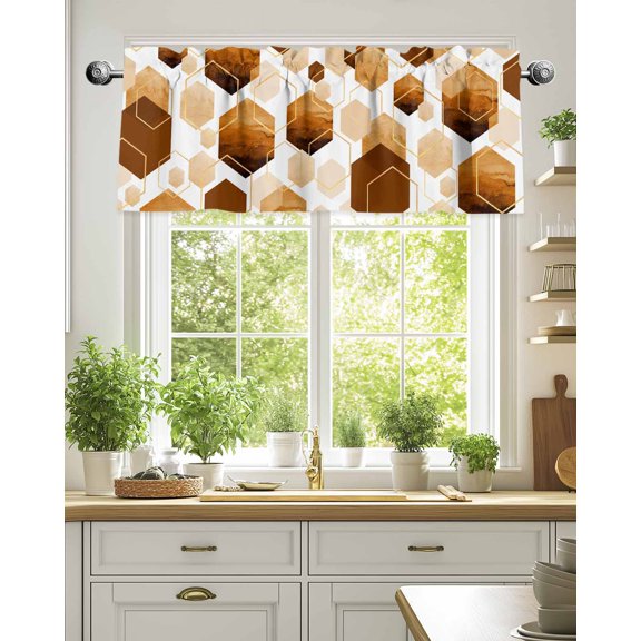 Curtain Valance for Windows,Retro Gray Grid Gold Line Kitchen Valances Rod Pocket Short Curtains,Hexagonal Abstract Geometric Window Treatment Panel for Bedroom Bathroom 42"x18"