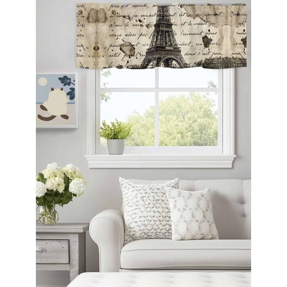 Curtain Valance for Windows, Retro Landmark Icon on Beige Kitchen Valances Rod Pocket Short Curtains, Retro Letter Background Window Valance for Bedroom Bathroom Living room 60x14in