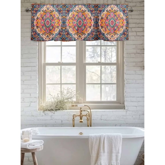 Curtain Valance for Windows, Retro Medieval Turkish Tattoos Kitchen Valances Rod Pocket Short Curtains, Classic Boho Pattern Window Valance for Bedroom Bathroom Living room 56x16in