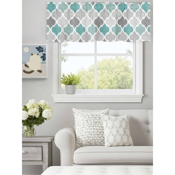 Curtain Valance for Windows,Retro Moroccan Art Kitchen Valances Rod Pocket Short Curtains,Cyan Grey Geometric Pattern Window Treatment Panel for Bedroom Bathroom 60"x18"