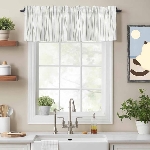 Curtain Valance for Windows, Retro Sage Green Line Kitchen Valances Rod Pocket Short Curtains, Abstract Geometric Art Window Valance for Bedroom Bathroom Living room 54x18in