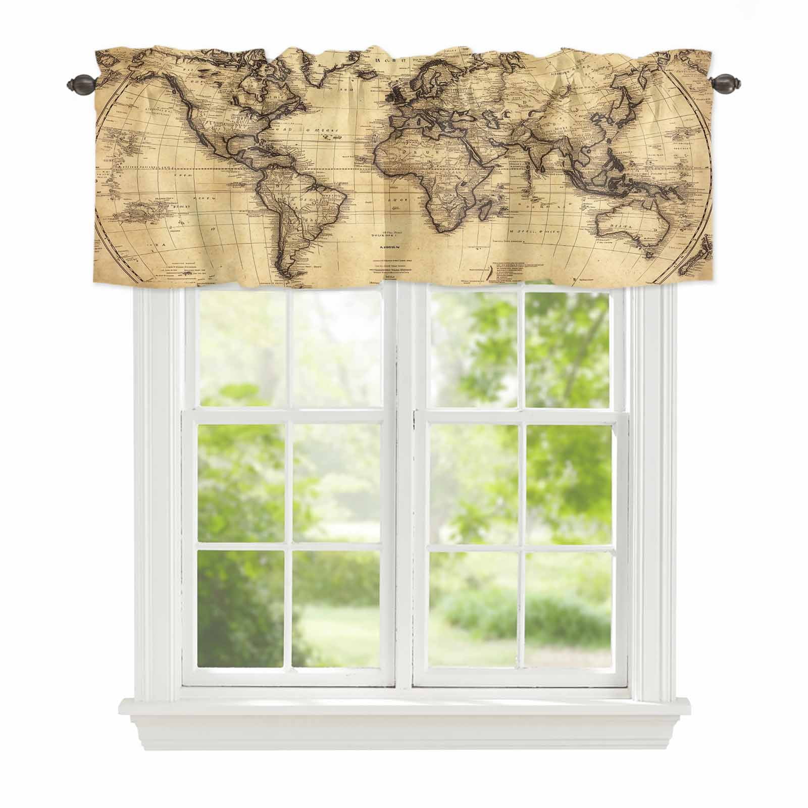 Curtain Valance for Windows, Retro Yellow World Map North America Asia ...