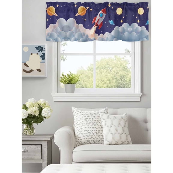Curtain Valance for Windows,Rocket Space Universe Planet Kitchen Valances Rod Pocket Short Curtains,Night Star Cartoon Style Window Treatment Panel for Bedroom Bathroom 60"x18"