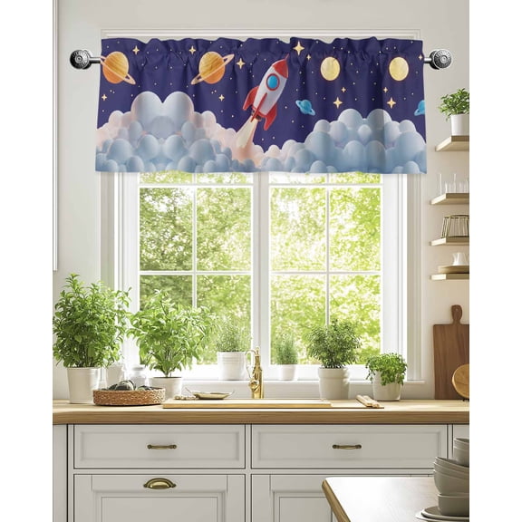 Curtain Valance for Windows,Rocket Space Universe Planet Kitchen Valances Rod Pocket Short Curtains,Night Star Cartoon Style Window Treatment Panel for Bedroom Bathroom 42"x18"