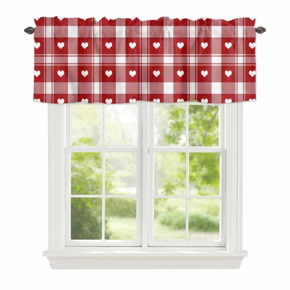 Curtain Valance for Windows, Romantic Valentines Love Heart Buffalo Plaid Check Kitchen Valances Rod Pocket Short Curtains, Red Window Valance for Bedroom Bathroom Living room 42x12in