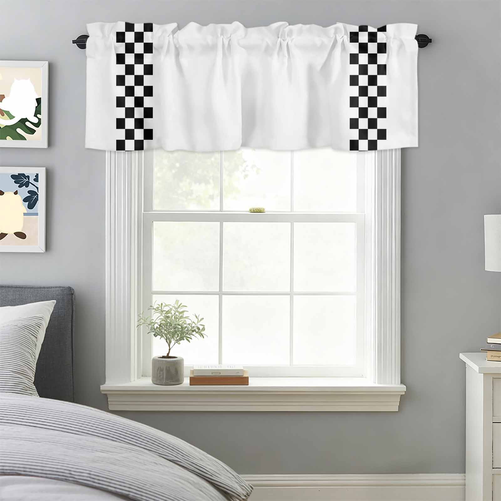 Curtain Valance for Windows, Rural Black and White Buffalo Lattice