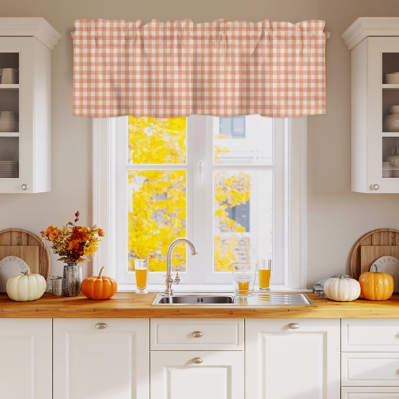 Curtain Valance for Windows, Rustic Vintage Buffalo Plaid Kitchen Valances Rod Pocket Short Curtains 42x12in, Farmhouse Retro Orange Check Window Valance for Bedroom Bathroom Living room