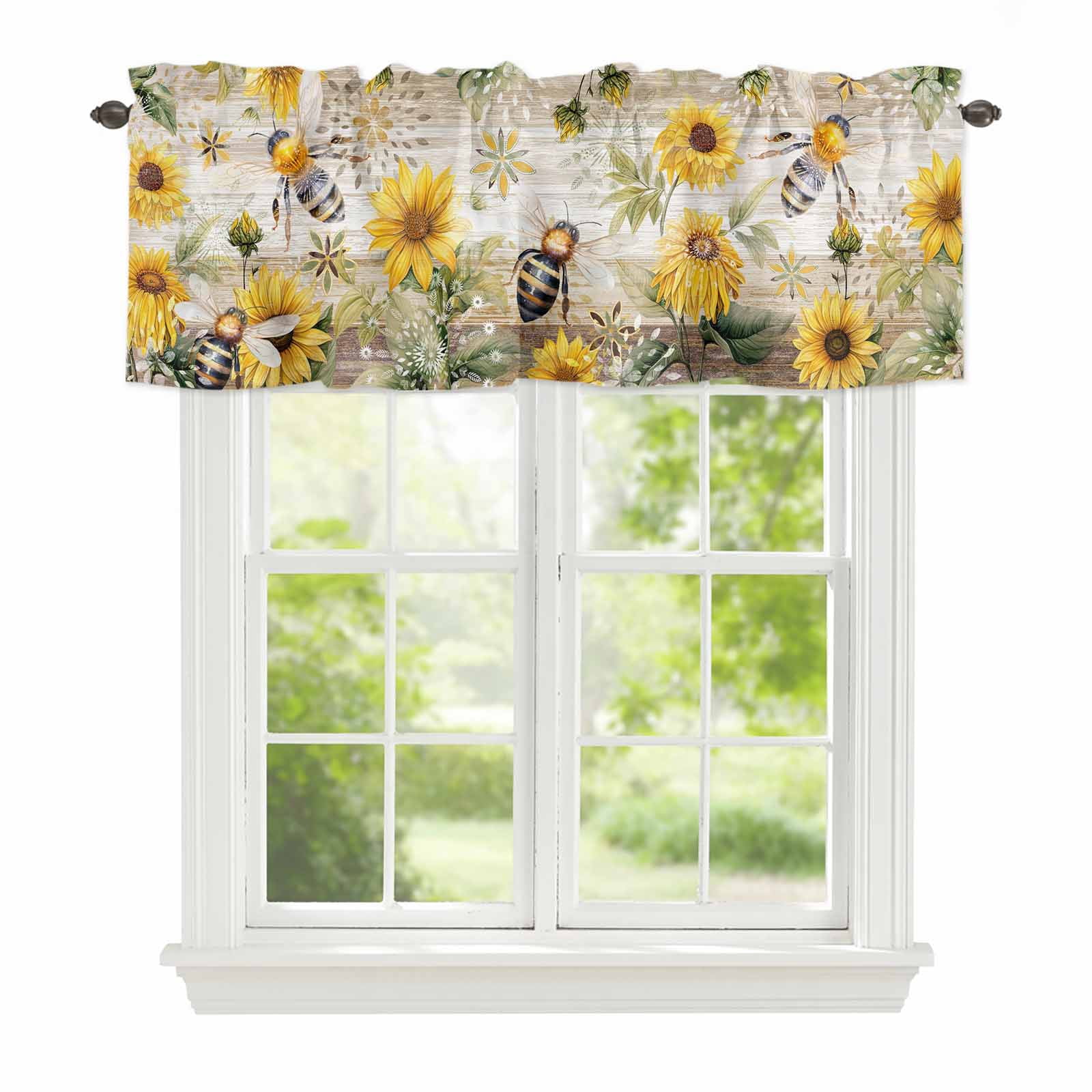 Curtain Valance for Windows, Rustic Vintage Sunflower Bee Leaves ...