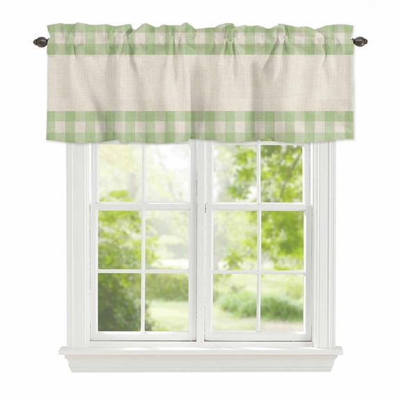 Curtain Valance for Windows, Sage Green Buffalo Plaid Kitchen Valances Rod Pocket Short Curtains, Geometric Check Linen Texture Window Valance for Bedroom Bathroom Living room 42x12in