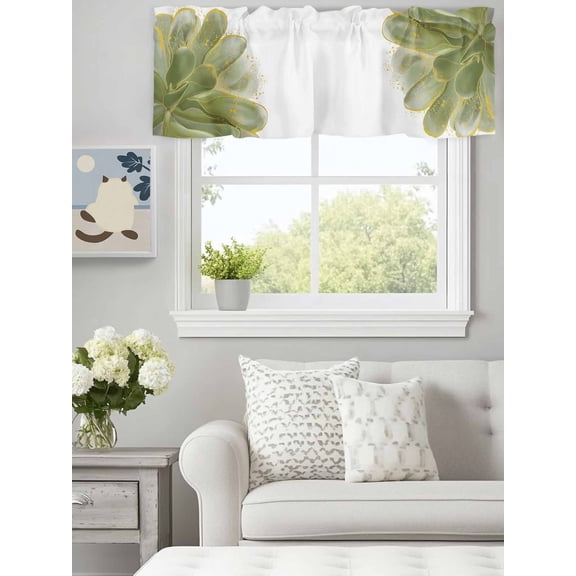 Curtain Valance for Windows,Sage Green Gradient Flower Gold Edge Kitchen Valances Rod Pocket Short Curtains,Classic Floral Window Treatment Panel for Bedroom Bathroom 60"x18"