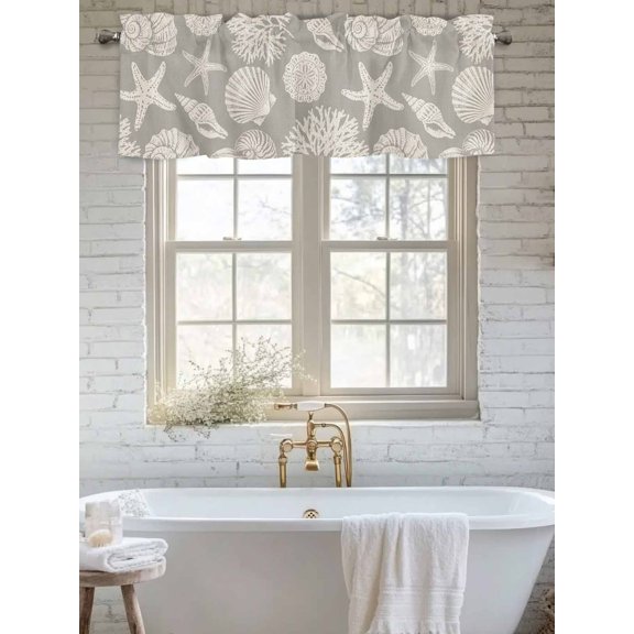 Curtain Valance for Windows, Sea Starfish Shell Conch on Gray Kitchen Valances Rod Pocket Short Curtains, Marine Creature Theme Window Valance for Bedroom Bathroom Living room 56x16in