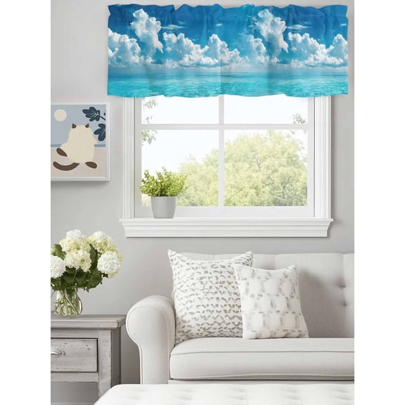 Curtain Valance for Windows, Sea Wave Blue Sky White Clouds Kitchen Valances Rod Pocket Short Curtains, Summer Beach Theme Window Valance for Bedroom Bathroom Living room 60x18in