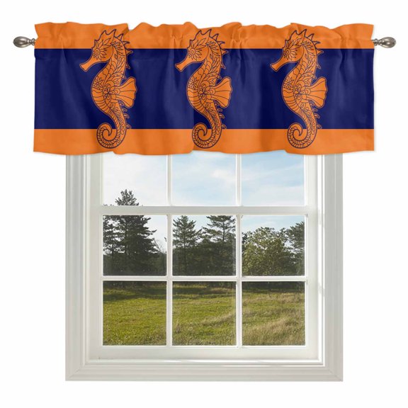 Curtain Valance for Windows Seahorse Kitchen Curtain Valances Orange Navy Blue Stripes Lines Valances Window Treatments Short Curtains for Kitchen Living Room Bedroom Bathroom Home Decor 54x18 Inch