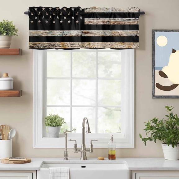 Curtain Valance for Windows, Shabby Chic American Flag on Wooden Grain Kitchen Valances Rod Pocket Short Curtains, Western Farm Window Valance for Bedroom Bathroom Living room 54x18in