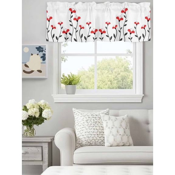 Curtain Valance for Windows, Simplistic Idyllic Red Flower Plant Kitchen Valances Rod Pocket Short Curtains, Black Line Botanical White Window Valance for Bedroom Bathroom Living room 60x18in