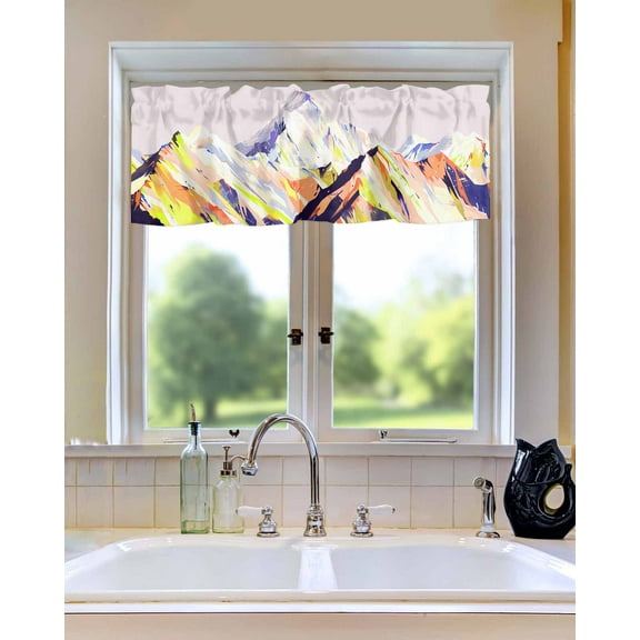 Curtain Valance for Windows Snow Mountain Oil Painting Art Kitchen Valances Rod Pocket Short Curtains,Mountains Yellow Purple Window Treatment Panel for Living Room Bathroom Bedroom 42x12in