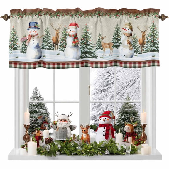 Curtain Valance for Windows,Snowman Xmas Tree Ball Elk Buffalo Plaid Kitchen Valances Rod Pocket Short Curtains,Winter Snow Retro Plank Window Treatment Panel for Bedroom Bathroom 54x18in